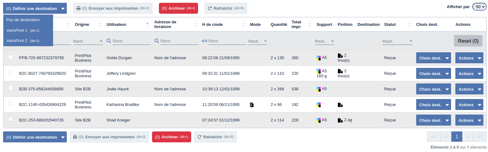 Overview of the order table, detailing the highlighted filters and options.